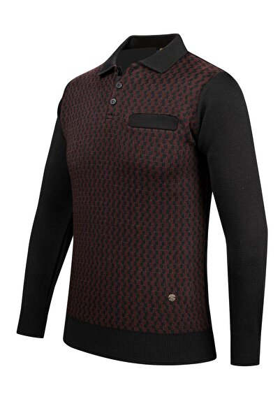 Çizgi Triko Men's Polo Collar Striped Knitwear Sweater - Patterned Sleeves and Waist Elastics, Steel Knit Classic Fit - 5006F