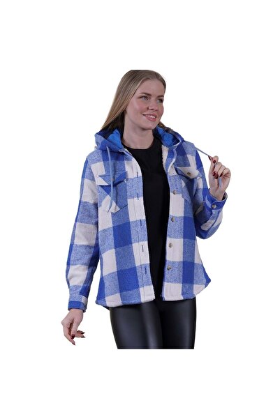 Exve Exclusive Bluză crem în carouri, cu glugă, blană de lână, cămașă de damă, jachetă de lemne de iarnă