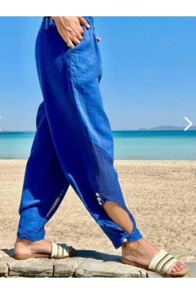 pier moda Pantaloni largi pentru femei în stil boem 100% bumbac, in plasă, culoare albastră, albastru Saks