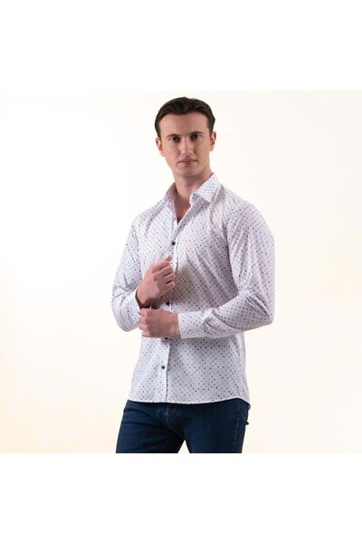 Exve Exclusive Cămașă pentru bărbați cu model slim fit din bumbac cu imprimeu digital albastru, albastru