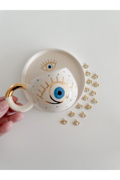 Mugtasarım 24 K Gold Gilded Double Turkish Coffee Cup with Evil Eye Design, 1 Cup and 1 Saucer Will Be Sent.