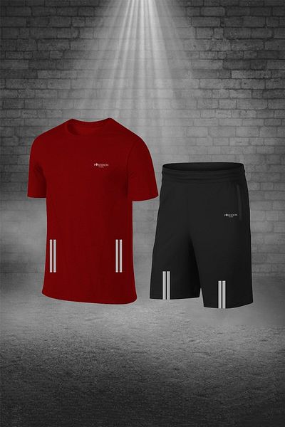 POSEIDON STORM Men's Red Dri-Fit Sports Set - over Size Pocket Comfortable T-Shirt and Shorts Set
