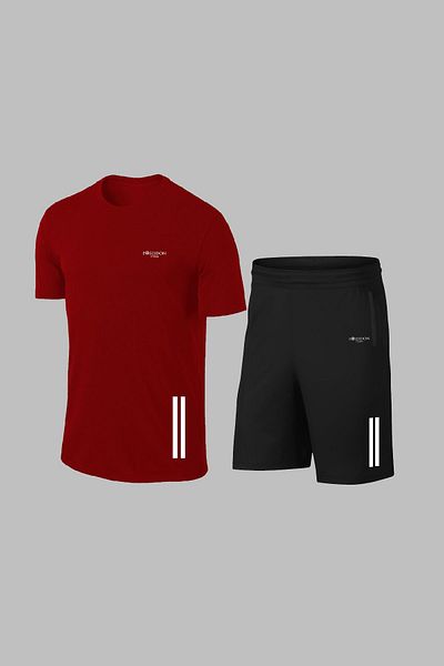 POSEIDON STORM Мъжки комплект от две части, бордо, Dri-Fit, платнени джобове, кръгло деколте, тениска, долна част, горна част, Oversize, за туризъм