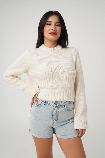 Hipo Trend Ecru Short Model Double Pocket Sweater