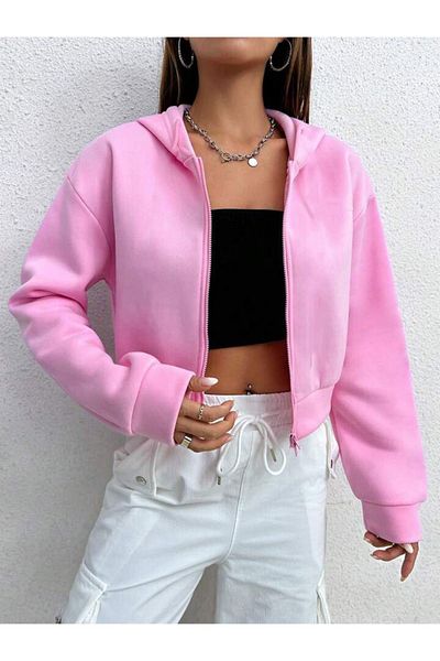 LOUİSA Cardigan crop cu glugă roz - cu fermoar, 3 fire raster