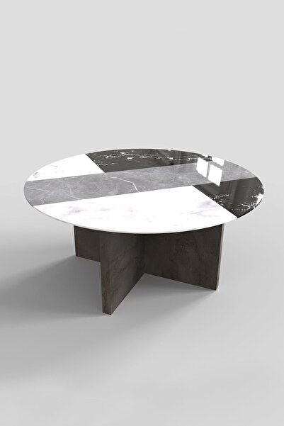 Decorita Cam Orta Sehpa | Yuvarlak Modern Sehpa | Atlas - Taş Desen Kaplama |...