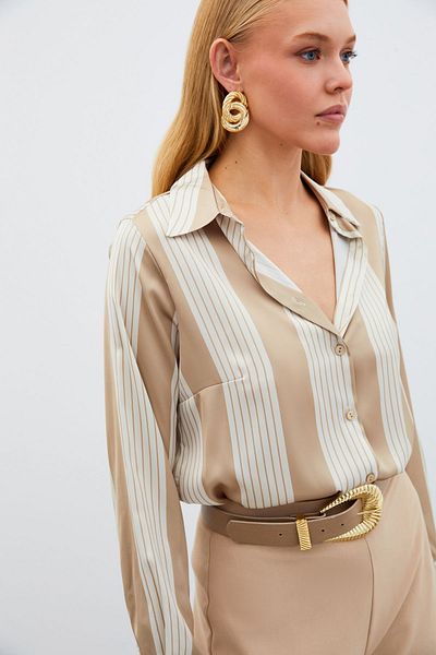 Sateen Beige Color Striped Patterned Shirt