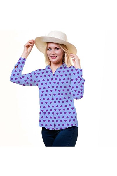 Exve Exclusive Cămașă roz pentru femei cu mânecă lungă cu manșetă inimă pe albastru