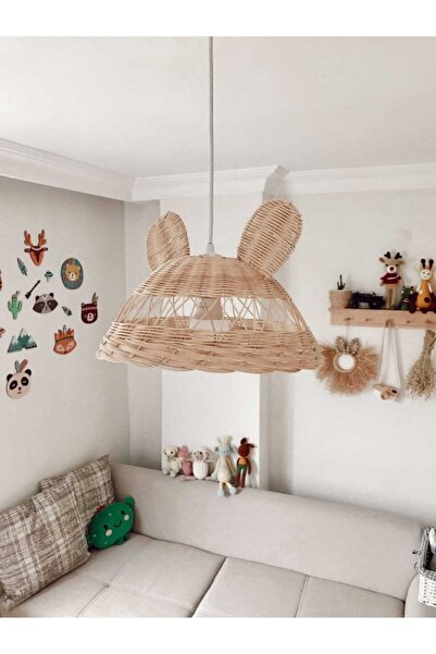 Veneris Home Çocuk Odası Avize Ve Ayna Seti, Rattan Bambu Hasır Avize, Tavşan Kulaklı Avize