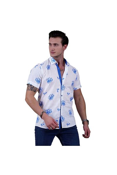 Exve Exclusive Cămașă de vară slim fit cu flori albastre cu flori