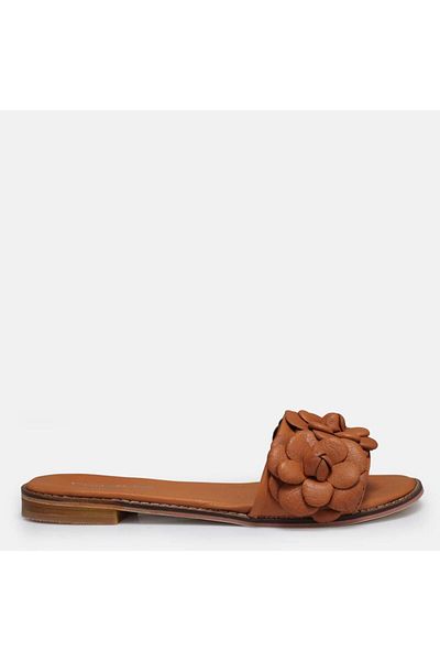 37Numara LARGE NUMBER WOMEN'S GENUINE LEATHER ROSE DETAIL SLIPPERS 41-42-43-44 TAN
