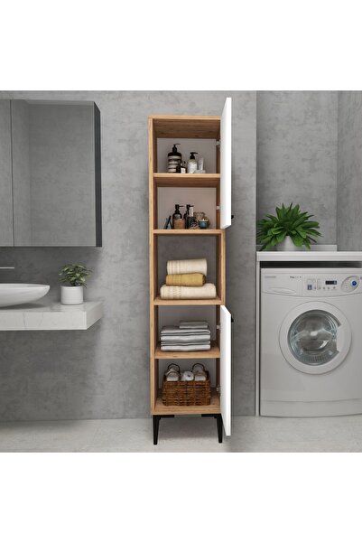 ARNETTİ Daminol 5 Raflı 2 Kapaklı Çok Amaçlı Banyo Dolabı – Atlantik Çam Beyaz, Dar Alanlara Uygun