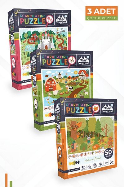 Neverland 50 Piece 3-Piece Puzzle - Magic Unicorn, Farm Friends and Autumn Forest