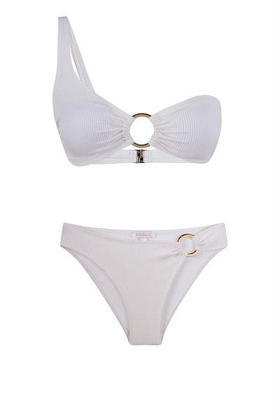 AQUELLA Textured Ecru Bikini Set with One Shoulder Accessories