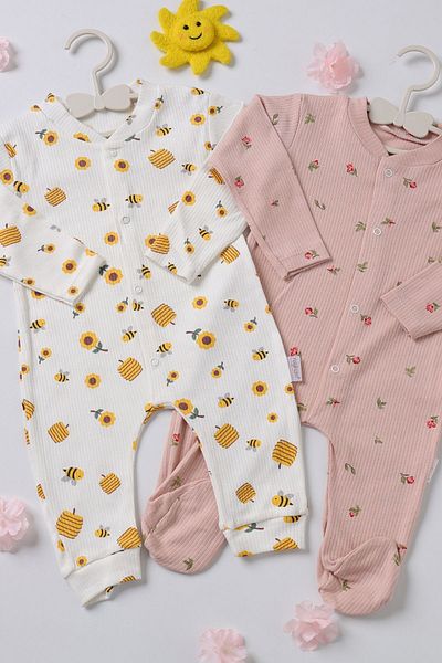 Nayinom Beige Baby Girl's Romper - Cotton, Bee Pattern, Snap Fastener, Double (Pack of 2)