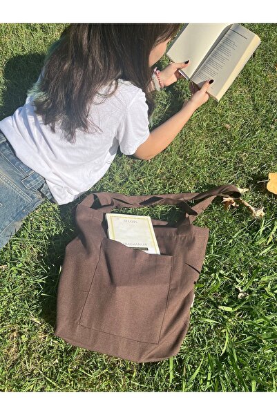 Sumicorn Design Kahverengi Keten Bez Çanta,çevre Dostu Bez Çanta,cep Detaylı Bez Alışveriş Çantası