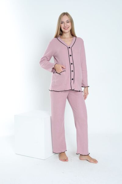 Miss Dünya Lissa Önden Düğmeli Ayarlanabilir Bel Kol ve Paça Fırfır Detaylı Hamile ve Lohusa Pijama Takımı