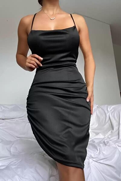 BLACK PREMİUM FANTAZİ MİNİ TEK TARAF BÜZGÜLÜ SIRT DEKOLTELİ MİNİ SİYAL GECE E...