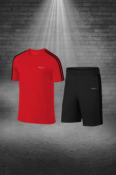 POSEIDON STORM Plus Size Men's Red Dri-Fit Fabric Unprinted Round Neck Short Sleeve T-Shirt Shorts Bottom Top Set (