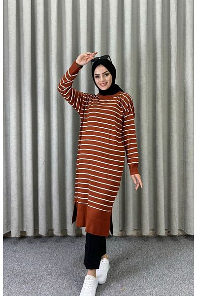 modasusev Long Striped Women's Knitwear Hijab Tunic