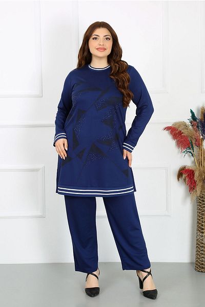 YASEŞA BUTİK تونيك أزرق قطني مقاس كبير من Bade - طقم بأكمام وبنطلون مطاطي مزين بالخرز