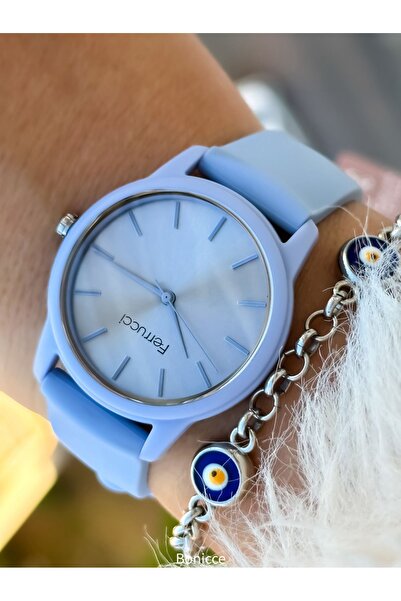 Ferrucci Marka Yumuşak Silikon Kordon Mavi Renk Kadın Kol Saati+Nazar Boncuklu Bileklik