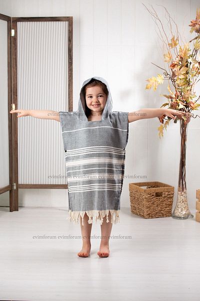 Formeya Kinder-Poncho, Strandtuch aus 100 % Baumwolle, Peshtemal-Grau