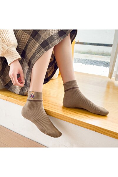 çorapmanya 5 Çift Ayı Desenli Çok Renkli Teddy Bear Kadın Bot Çorabı Fitilli Rahat Çorap