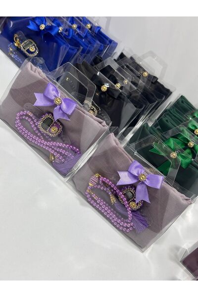 çeyizlik setim صندوق هدايا أرجواني - طقم مكون من 10 أغطية ومسبحة صلاة وأحجار