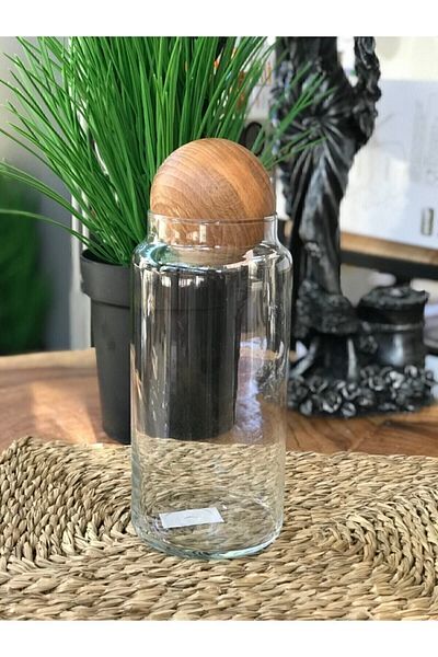 İstoçHome Wooden Ball Cover Large Size 1300 Ml Glass Jar Kitchen Storage Spice - Pulses - Sugar Bowl Storage