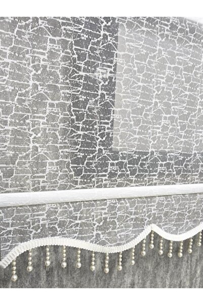 BBB Çift Mekanizmalı Desenli Boncuklu Tül ve Stor Perde Ekru MT4004B