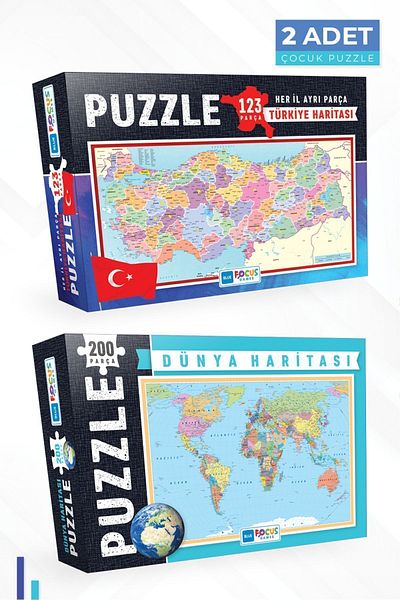 Blue Focus 2 Pieces Puzzle - Türkiye Map 123 Pieces (Each Provincial Pieces) and 200 Pieces World Map