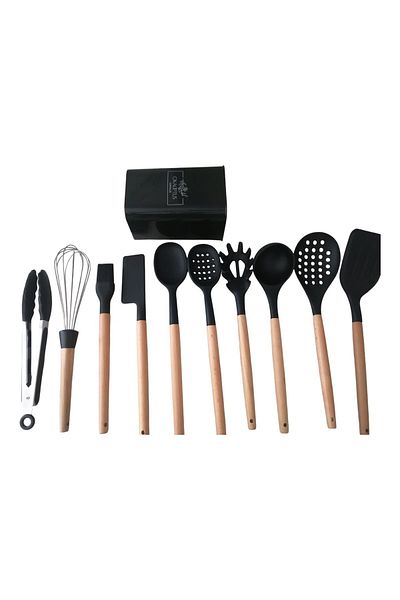 Ekostem 11-Piece Silicone Ladle Set - Heat Resistant, Spatula Stand, Eucalyptus Serving Set