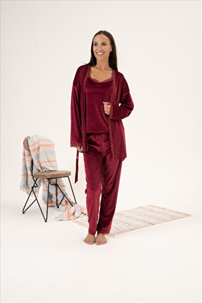 Estiva 3'lü İp Askılı Sabahlıklı Kadife  Pijama Takım