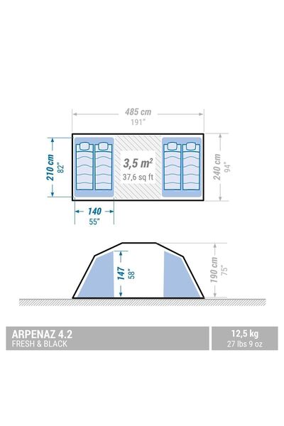 Decathlon Quechua 4 Kişilik Kamp Çadırı - 2 Odalı - Arpenaz 4.2 Fresh & Black