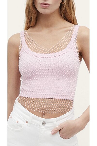 Âlâ Atelier Trend Shiny Crystal Stone Mesh V-Neck Bustier Crop Blouse