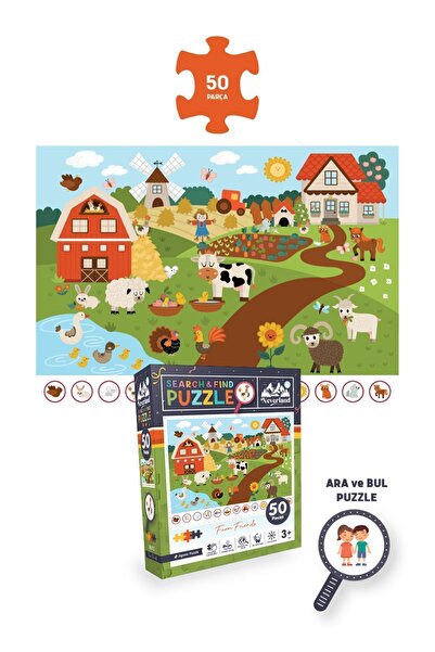 Neverland 3'lü Çocuk Puzzle - 50 Parça Hayvanlarla Otobüs Ve Ay Hayvanları Ve Ara Ve Bul Çiftlik Arkadaşları