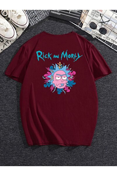 GRİLAND Bordo Unisex Rick And Morty Baskılı Oversize T-shirt