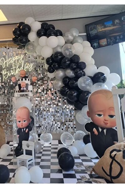 Çemrek Süs Parti مجموعة سلسلة بالونات من الكروم باللون الأسود والأبيض والفضي