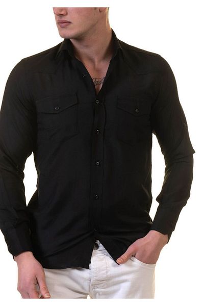 Exve Exclusive Μαύρο μονόχρωμο βαμβακερό πουκάμισο Lycra με διπλή τσέπη Slim Fit Western