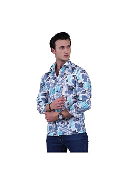 Exve Exclusive Мъжка риза Slim Fit от памук и лен с хавайски щампи на листа в бяло, тъмносиньо и тюркоазено