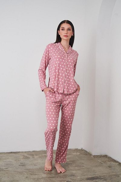 PJS 24501 Set pijama moale roz cu buline, cu nasturi, pentru femei
