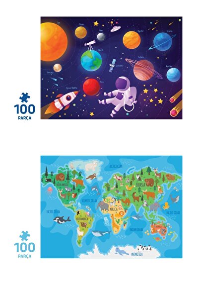 Neverland 2'li Çocuk Yapboz - 100 Parça Gezegenler Ve 100 Parça Hayvan Dünya Haritası