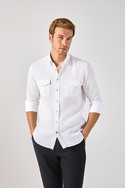 Paşahan 100% Linen Comfort Fit Men's Shirt - Collar Button anD Double Pocket