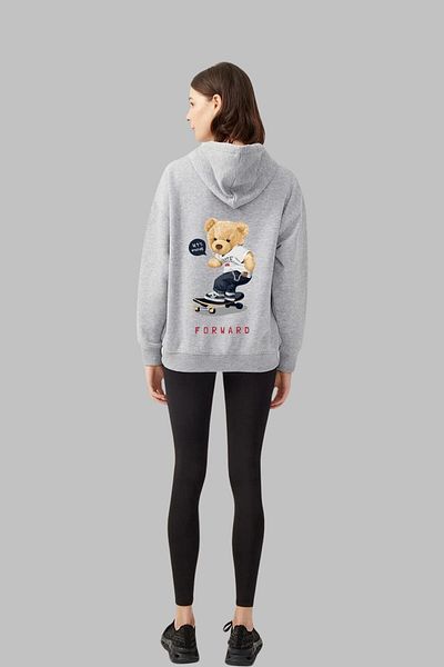 Nyda Collections Унисекс сив оувърсайз кардиган с плюшено мече - 3 прежди, с цип, с джобове, памучен рельеф