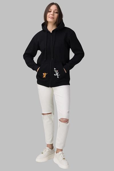 Nyda Collections Unisex Μαύρη ζακέτα Oversize - Χειμερινό μπουφάν με τσέπες, φερμουάρ, βαμβακερό ράστερ 3 κλωστών, στάμπα Tom And Jerry
