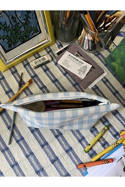 sumicorn Buz Mavi Pötikareli Yıkanabilir Fermuarlı Tek Gözlü Bez Kalemlik Kalem Kutusu Cüzdan Makyaj Çantası