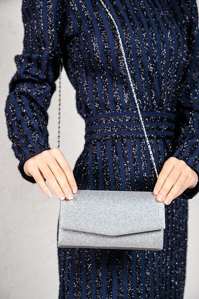 ROZA CANTA Γυναικεία Ασημένια GlitterKum Mini Box Shoulder Βραδινή Τσάντα Φόρεμα