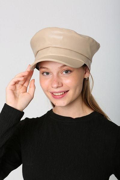 Luminos Butik Beige Synthetic Leather Hat - Wide Brim and Stitching Detail Spk1127