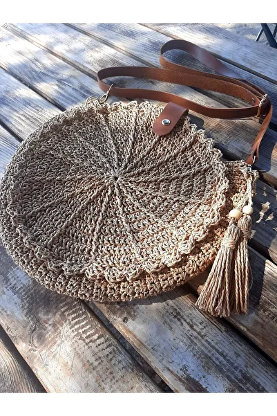 zümal tekstil tasarım Women's Shoulder Bag - Hand Knitted, Leather Strap, Rope Oval, Straw Color